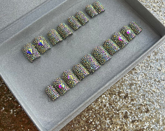 Rainbow Rhinestone Bling Press On Nails - Short Square